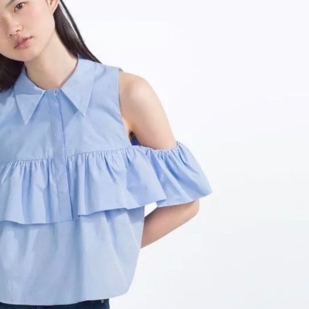 Zara blue ruffle button up off the shoulder top women's Size Small - Picture 2 of 12